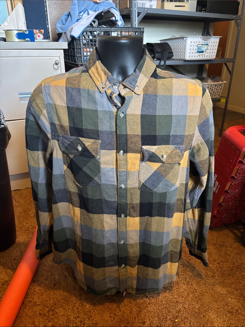 Canada Weather Gear Men’s Medium Plaid Button-Up Shirt in Mustard, Green & Gray